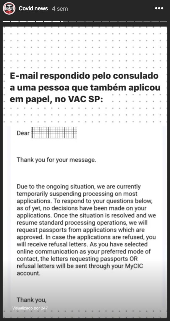 E-mail do consulado a uma aplicante