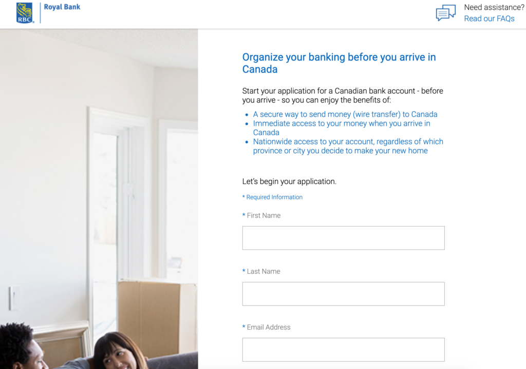 Tela do formulário do RBC para quem não reside no Canadá