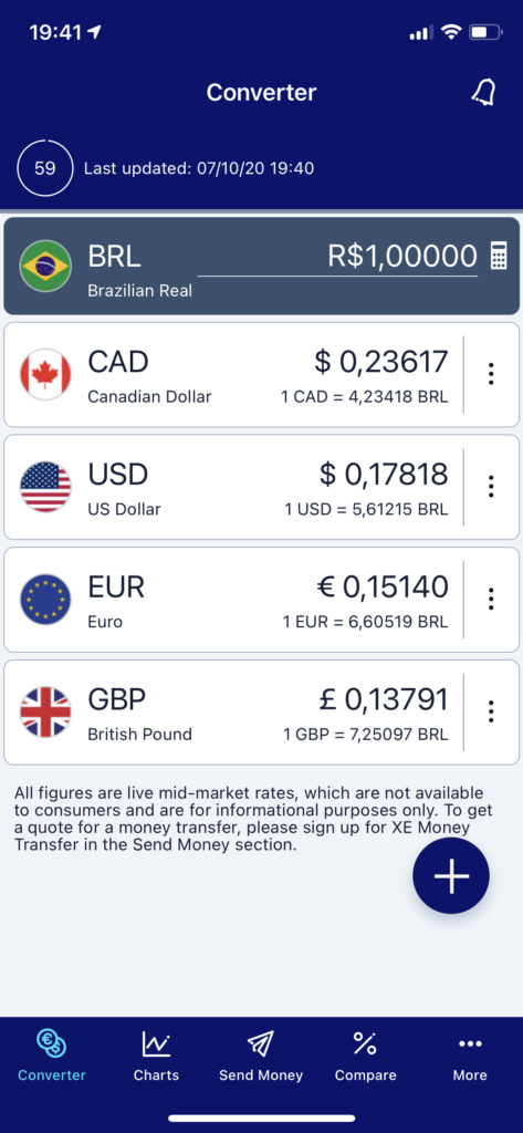 App XE Currency com diversas cotações