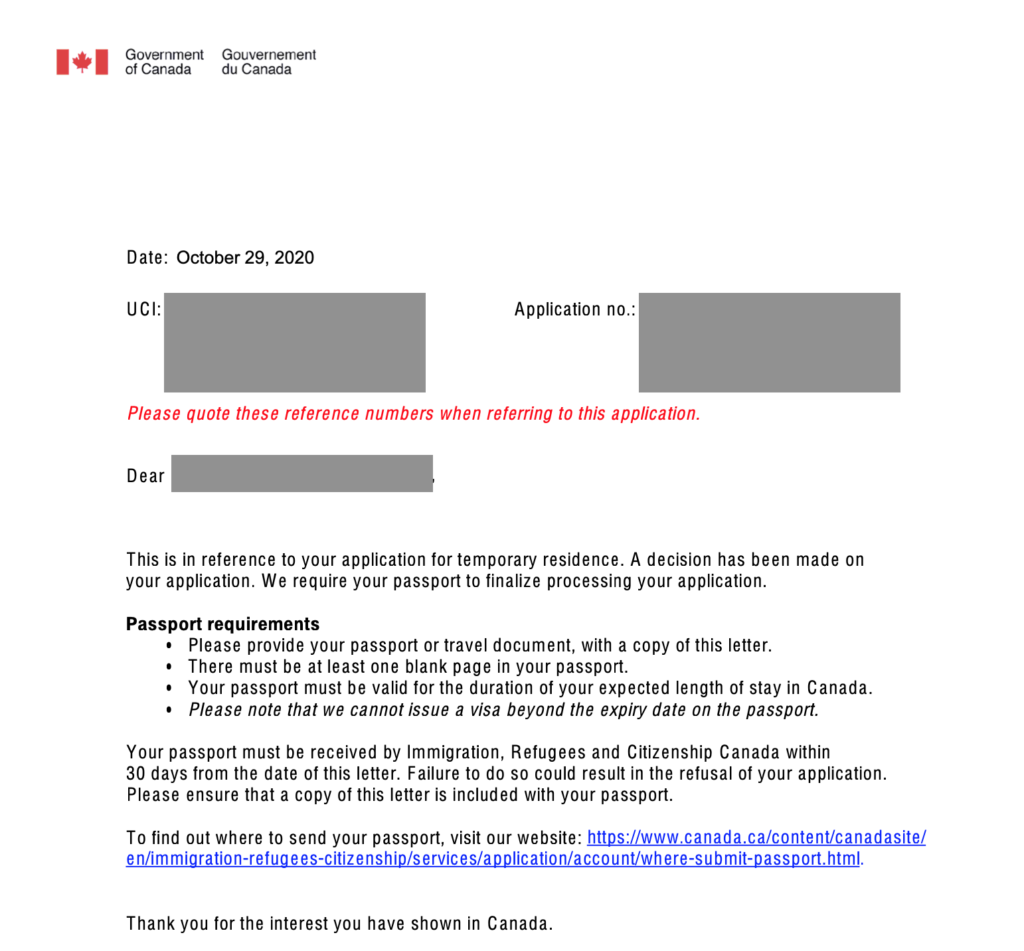 Carta do consulado canadense pedindo o envio do passaporte para que a aplicação seja finalizada.