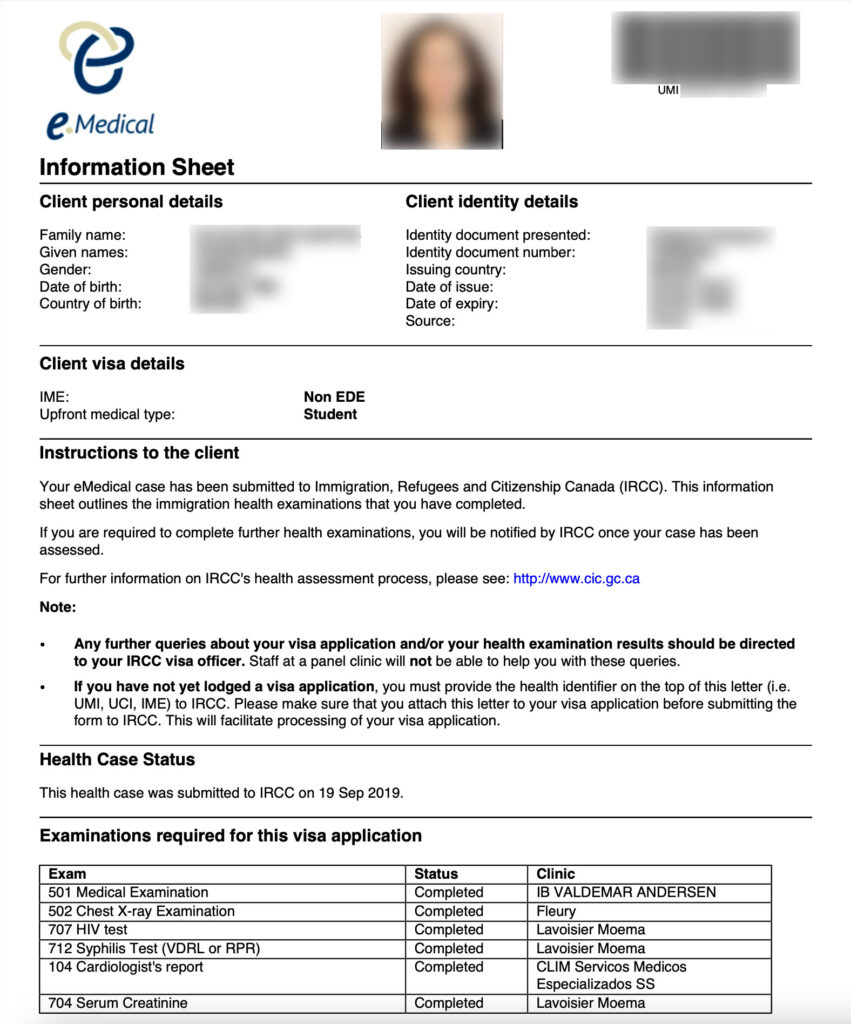 Information Sheet, o documento do exame médico para visto de estudo do Canadá que informa código UMI e os exames pedidos