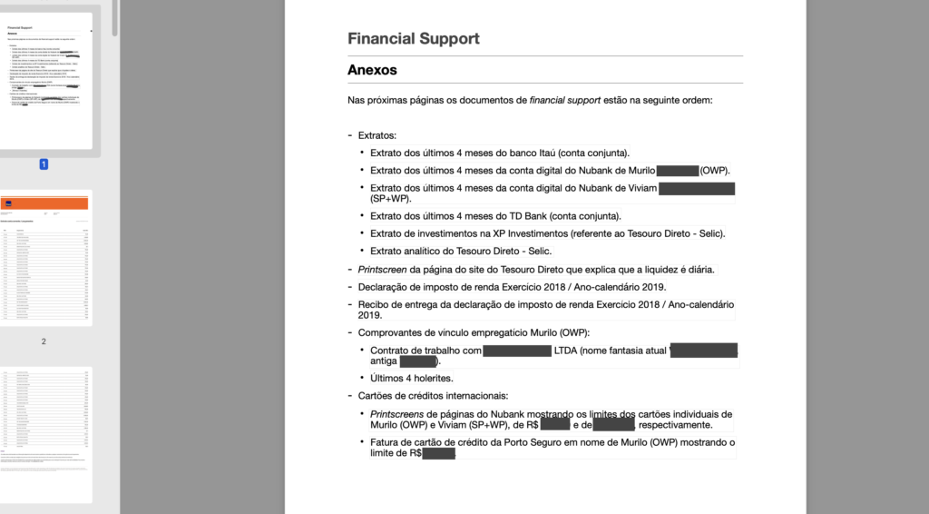 O Financial Support, ou suporte financeiro, pode ser em PDF com um índice incluindo os documentos necessários como extratos bancários, para aplicar ao Study Permit do Canadá